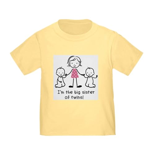 CafePress Big Sister of Twins T Shirt Toddler Graphic Tee, 100% Cotton Daffodil Yellow