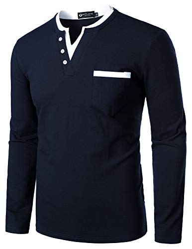 STTLZMC Coton Polo Henley Homme à Manches Longues T-Shirt Contraste de Couleur,Bleu,M Cover