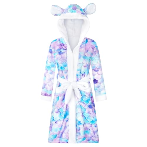 WYTbaby Robe de Chambre à Capuche pour Filles avec Peignoir pour Enfants en Polaire Douce 3D avec Motif Animal pour Filles de 4 à 14 Ans, Sirène bleue.,...