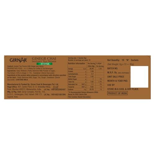 Image of Girnar Instant Ginger Chai Premix with Stevia - 10 sachets