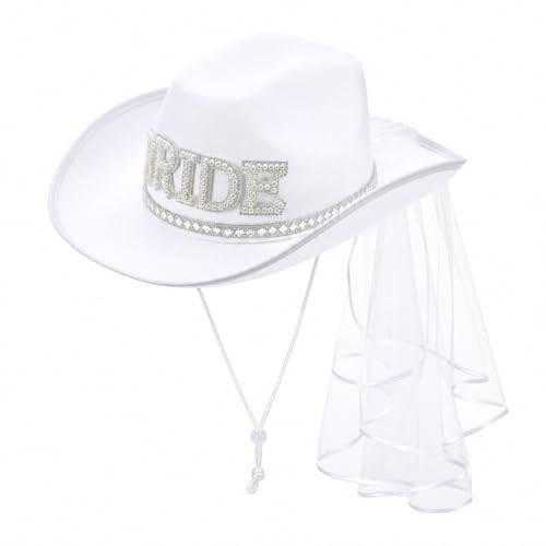 Bride Cowgirl Hat with Veil - White Cowboy Hat for Bride Bachelorette Party Nashville Last Rodeo Disco Bridal Accessories