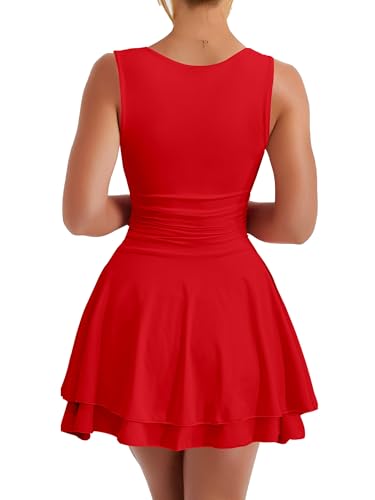 Image of Kaximil Women's Square Neck Ruffle Hem Mini Dress Ruched Waist Short Party Dresses
