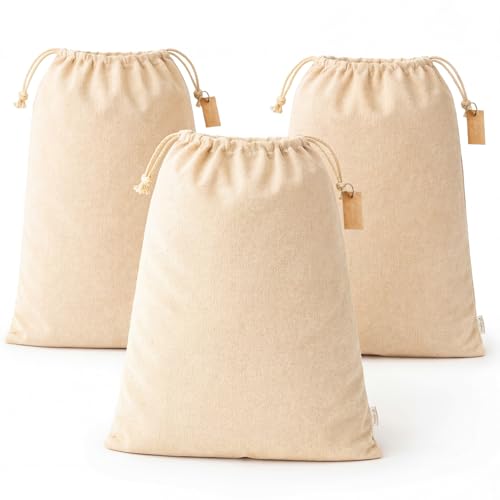 Image of LEAFICO Reusable Produce Storage Bags - XX-Large 19x23 3 Pack - Breathable Muslin Fabric Sacks with Drawstrings - Dust-Proof Travel Cotton Bags for Laundry, Clothes, Purses