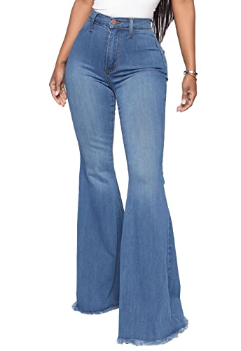 CutieLove Pantalones de Mezclilla Rasgados para Mujer, Acampanados, Tiro Medio, Dobladillo Destruido, C- Azul, XXL