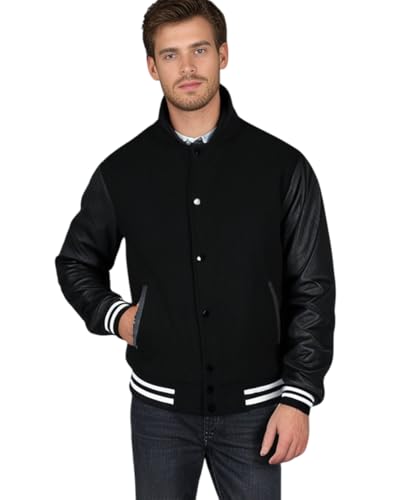 Image of Deckra Men's Varsity Jacket Genuine Leather Sleeve and Wool Blend Letterman Boys College Varsity Jackets with Hood XXS-5XL