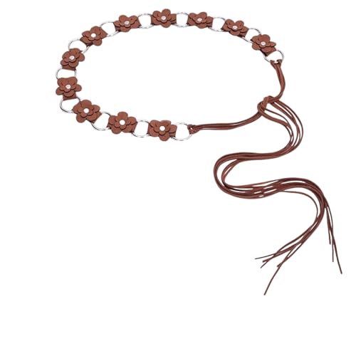Women's Faux Leather Flower Waist Belts For Dresses -Boho Exotic Waistbands With Self-Tie Bow Tassel3