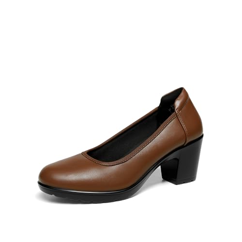 DREAM PAIRS Women's Chunky Closed Toe Low Block Heels Work Pumps Comfortable Round Toe Dress Wedding Shoes Nereida 5.5 Tan