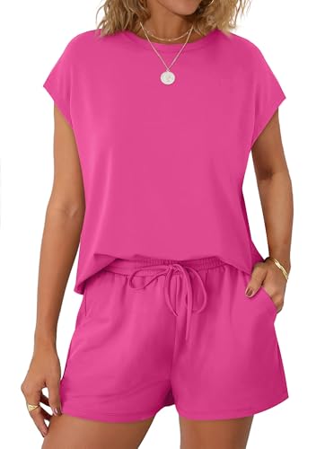 Image of WIHOLL Two Piece Sets for Women Summer Crew Neck Lounge Short Sets Cap Sleeve Drawstring Sweatsuit with Pocket