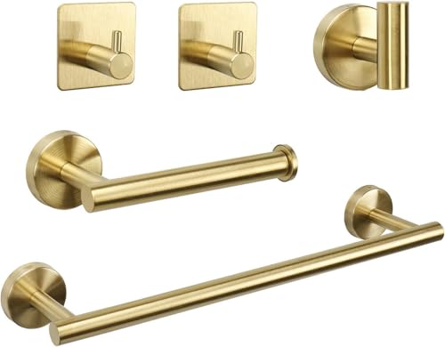 Image of JIALTO 5-Piece Bathroom Towel Holder | Towel Rod | Toilet Roll Stand | Wall Mounted Bathroom Fittings Full Set - 16 Inch Hand Towel Bar | Toilet Paper Holder | Adhesive Hooks (Gold, 5 - Pieces Set)
