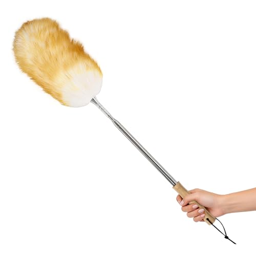 Extendable Lambswool Feather Duster 31-88 Inch Anti-Static Wool Duster for Cleaning with Stainless Steel Pole - Ideal for High Ceilings Fans Interior & Roof (Yellow & White)