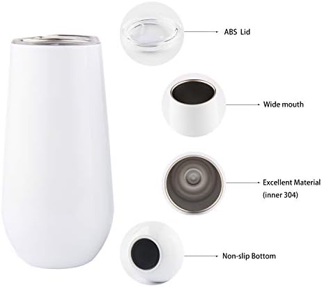 Sivaphe Champagne Glasses Flutes Tumbler Stainless Steel Set of 6, Wine Cups with Lid Double Walled Thermos 6 OZ White Navy Rose Gold Wedding Party Friends Family Gifts