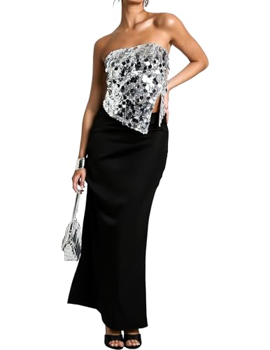 YYA Women's Silver Strapless Sequin Cowl Neck Crop Top Sleeveless Cami Tank Tops, S-XL4