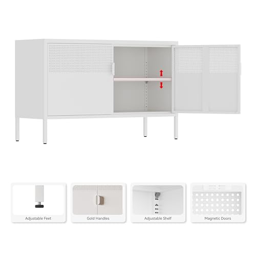 Image of Metal Storage Cabinet,2 Door TV Stand, Metal Mesh Accent Cabinet