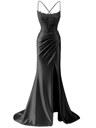 ORRCIGH Vestido de dama de honor con tirantes delgados, apliques de encaje, vestidos de graduación, vestido formal de sirena, vestido largo con abertura WPX091, Negro, 46