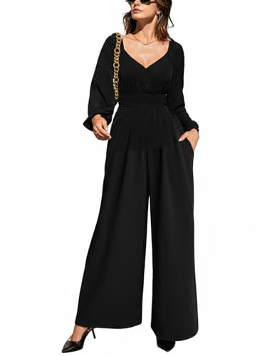 Combinaison col en V chic à manches bouffantes et taille smockée confortable