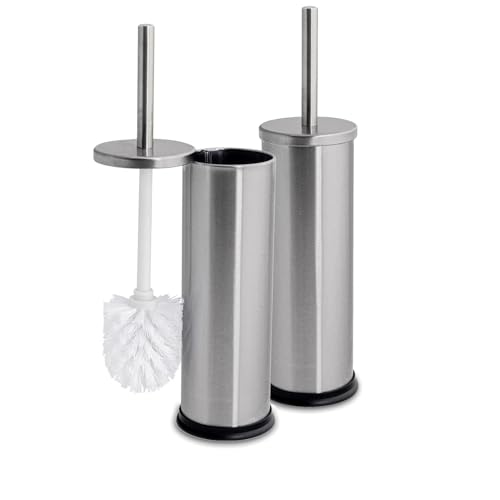 Harbour Housewares Toilet Brush and Holders - Brushed - Pack of 2 - Round Toilet Bowl Brush & Holder Stainless Steel Bathroom Deep Cleaning Scrub