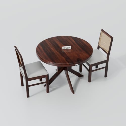 Image of ONIJA Solid Sheesham Wood 2 Seater Rattan Cane Dining Table Set with Cushioned Chairs for Dining Room | Living Room | Home & Office | Hotels Restaurant & Cafe (2 Seater, Walnut Finish)