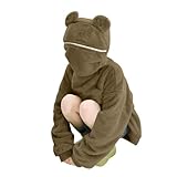 Dyhxuan Sudadera con capucha para mujer, diseño de rana divertida, sudadera de forro polar cálido con capucha, para adolescentes, niñas, peluche, manga larga, monocolor, parte superior, café, S