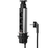 Elbe Inno® Versenkbare Tischsteckdose für die Arbeitsplatte (3 Steckdosen), Mehrfachsteckdose für Küche und Büro, Steckdosenleiste aus Aluminium in schwarz-grau Optik