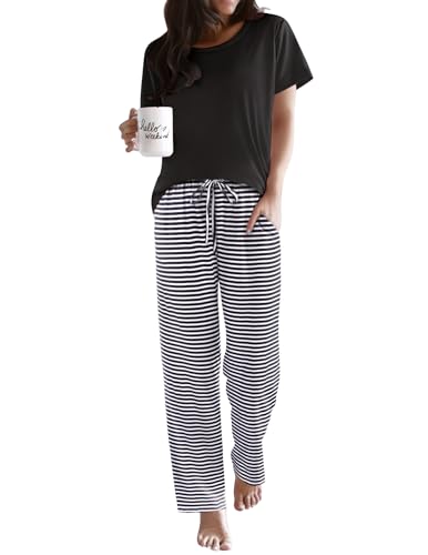 Image of Ekouaer Pajama Sets for Women Round Neck Pjs Short Sleeve Sleepwear with Long Pants Loose Lounge Sets
