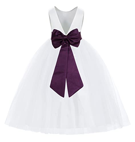 ekidsbridal White V-Back Satin Flower Girl Dress with Colored Sash Princess Gown 219T