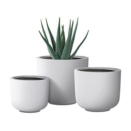 Kante 13",11",9" Dia D Pure White Concrete Round Planters (Set Of 3), Outdoor Indoor Modern Planter Pots, Lightweight, Weather Resistant, Seamless With Drainage Hole #TOP30