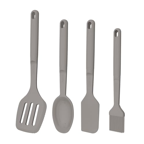 Image of Tramontina Softta Silicone Kitchen Tools Set of 4 (Grey) - Slotted Turner, Brush, Spatula & Spoon - Heat Resistant up to 210C - Safe for Nonstick & Ceramic Cookware