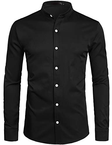 ZEROYAA Mens Hipster Solid Slim Fit Long Sleeve Mandarin Collar Dress Shirts ZLCL08 Black Medium