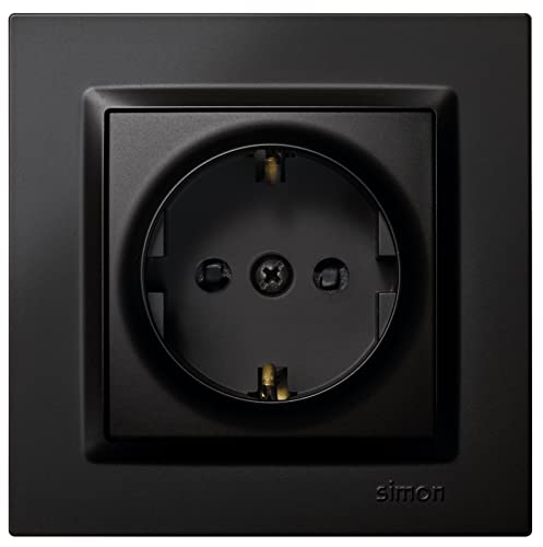 SIMON - Enchufe de Empotrar Schuko, Serie Simon 10, 250V, 16 A, Enchufe de Pared Plano y Fino, Fácil de Instalar, Incluye Marco, Tapa y Mecanismo, Base de Enchufe Hembra Color Negro