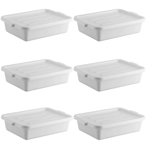6-Pack 20' x 15' x 5' Commercial Bus Tub/Bus Box - 6.5 Gallons with Lid - Heavy-Duty Polypropylene Dish Box...
