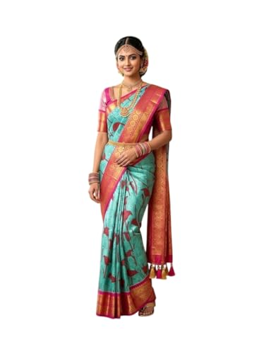 Image of VFCollections Women's Traditional Handloom Kalamkari Kanchipuram Silk Pattu Sarees | Rich Zari Woven Design | Bridal Saree | Unstitched Blouse