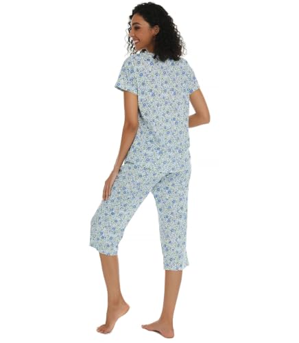 Image of ENJOYNIGHT Womens Pajama Sets Cotton Pj Set Short Sleeve Top With Capri Pants Sleepwear 2 Piece Lounge Set