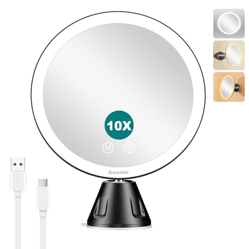 Auxmir 10x Magnifying Makeup Mirror, 360° Rotation, Powerful Suction Cup, Wall Mounted Magnifying Mirror Adjustable Colour and Brightness, Black