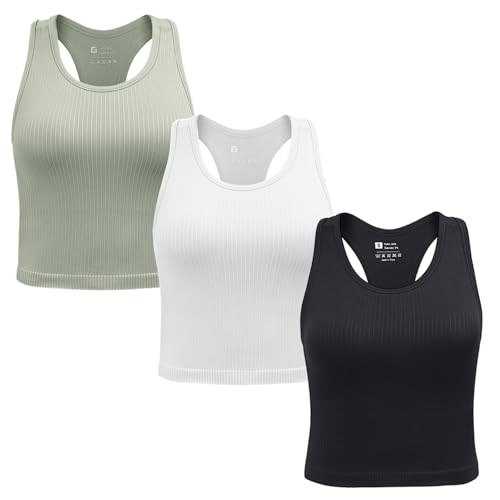 SPORME RUNNING 3er Damen Sport Tops mit integriertem BH Rippiertes Racerback Tank Top Nahtloser Atmungsaktiver Crop Top Camisole für Fitness, Yoga, Gym & Alltag