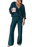 AOHITE Womens 2 Piece Outfits Casual V-neck Knit Pullover Sweater Wide Leg Pants Sweatsuit Lounge Set Deep Lagoon Medium