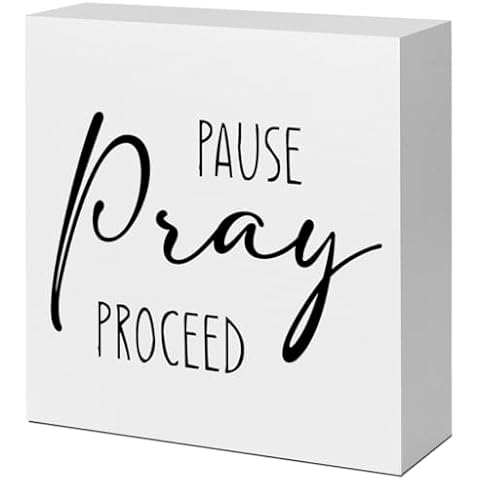 Bible Verse Wood Sign, Pause Pray Proceed Spiritual Inspirational Wooden Box Sign, Religious Wood Plaque Gifts for Christian Home Office Bedroom Desk Shelf Wall Decoration 5"x5" Cover
