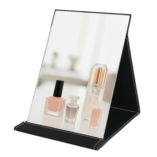 TOMATUS Mirror with Stand | Portable Folding Makeup Mirror for Office Desk, Vanity, Table & Travel | Compact Mirror Stand for Men & Women, Pack of 1 – Black