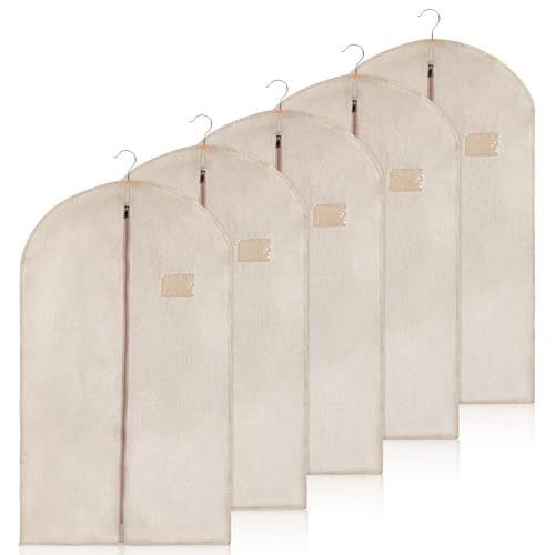 5 Packs Cotton Garment Bag for Hanging Clothes 40 Breathable Hanging Suit Cover Linen Garment Bags for Clothes Coats Leather Jackets Sweaters and Closet Storage