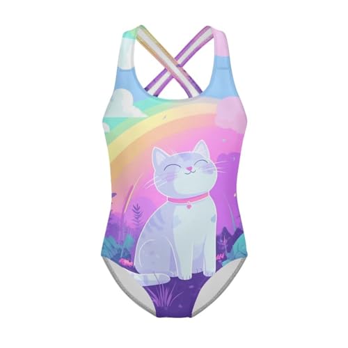 Image of Girls One Piece Cat Swimsuits Quick Dry Cartoon Beach Bathing Suit Crossback Swimwear for Kids 5-14 Years