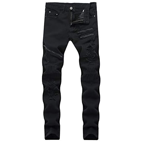 LONGBIDA Men's Ripped Skinny Jeans Stretchy Slim Fit Destroyed Zipper Design Denim Pants(Black,32) Cover