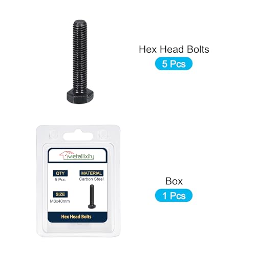 Image of METALLIXITY Hex Bolts (M8-1.25x40mm) 5Pcs, 8.8 Grade Carbon Steel Fully Threaded Black Oxide, Coarse Thread UNC Hex Head Screw Bolt - for Furniture Repair