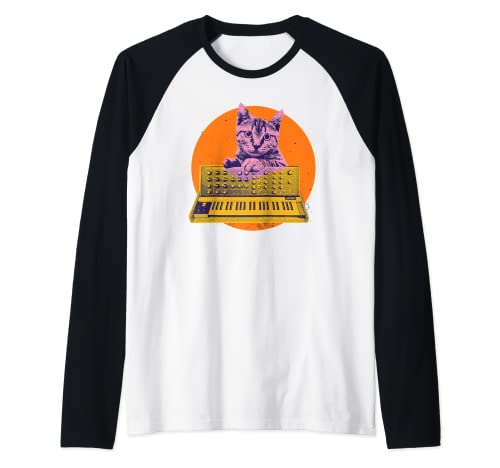 Synthesizer Cat Vintage Analog Synth Retro Studio Equipment Camiseta Manga Raglan