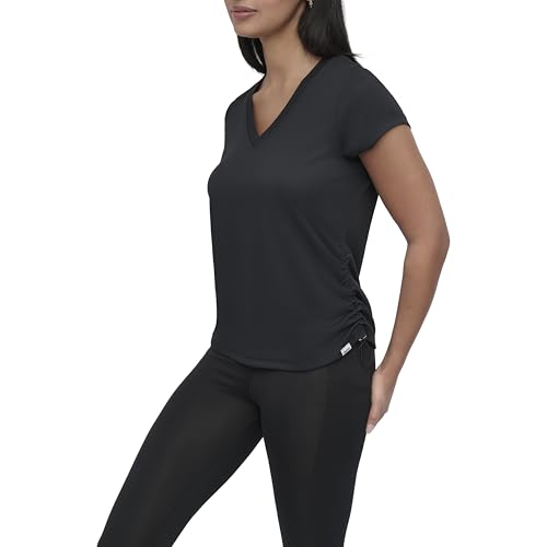 Image of DKNY Women's Short Sleeve V-Neck Tech Ruched Side Seam Active T-Shirt