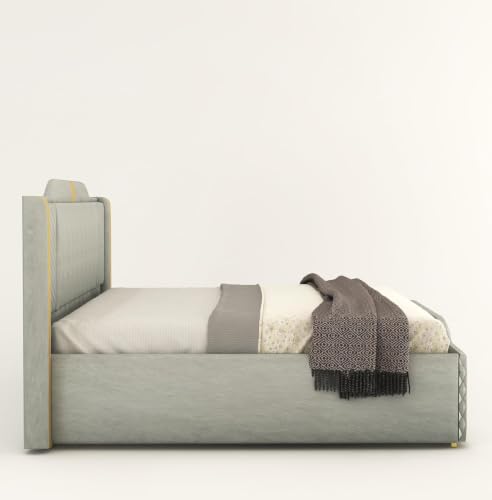 Image of Modern Upholstered King Size Bed with Storage | Double Bed with Box Storage & Upholstery Premium Fabric Headboard | Platform Bed for Bedroom & Hotel, Sheesham Wood, Grey, 6.5 x 6 Ft