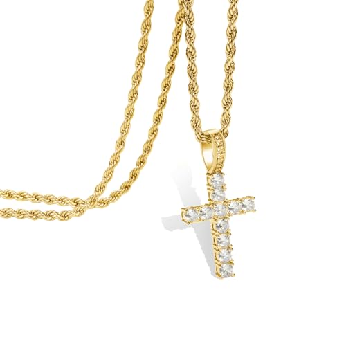 liameya Kreuz Kette, Anhänger Halskette mit Goldkette für Herren Damen, Männer Iced Out Ketten, Kreuzkette Hip Hop Schmuck, Personalisierter Ostern Geschenk (Kreuz-gold)