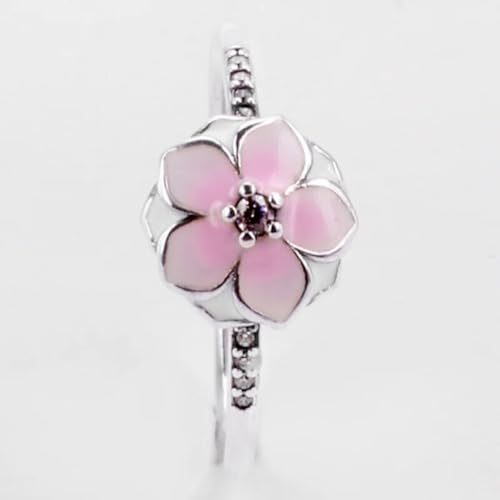 New 2024 Original Pink Enamel Magnolia Bloom Ring With Crystal For Women 925 Sterling Silver Ring Wedding Party Gift Fine Europe Jewelry Fashion Accessories Creative Gift4