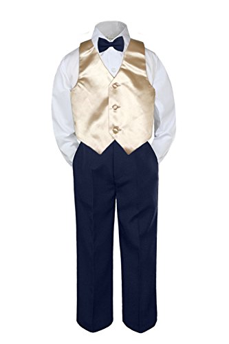 4pc Baby Toddler Kid Boys Champagne Vest Navy Blue Pants Bow Tie Suits Set S-7 (4T)