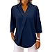 3/4 Length Sleeve Womens Tops Lapel V Neck Pullover Solid Tops Business Work Outfits Loose Blouses Casual Tees（1-Navy,Large）