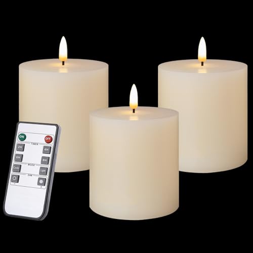 volnyus Flameless Candles Set of 3 (3x3 inch) Flickering LED Real Wax Candles Battery Operated with Remote Control Timers for Fireplace Bedroom Livingroom Party Dimmable Ivory Pillars Flat top