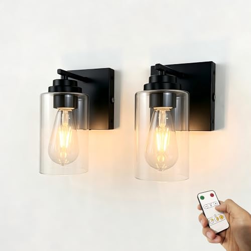 Image of Dimmable Battery Operated Wall Sconce Set of Two, Rechargeable Wall Lamp No Wired Required, Easy Install Cordless Wall Light Fixtures for Bedroom Living Room Bathroom Hallway Farmhouse, Black